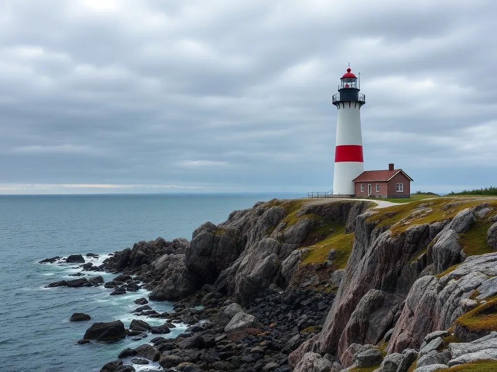 A rugged Atlantic Canadian coastline with a lighthouse and r