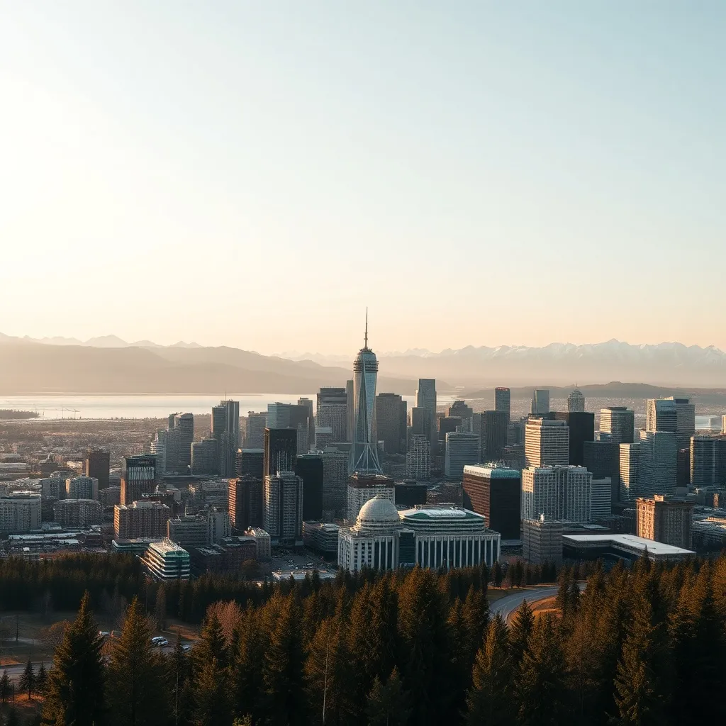 High-angle view of a Canadian city skyline with mountains in