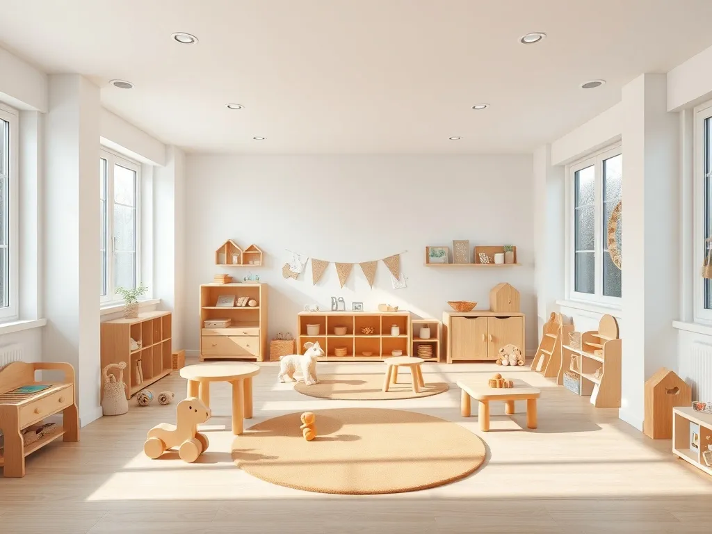 A modern daycare interior with wooden toys, clean white wall