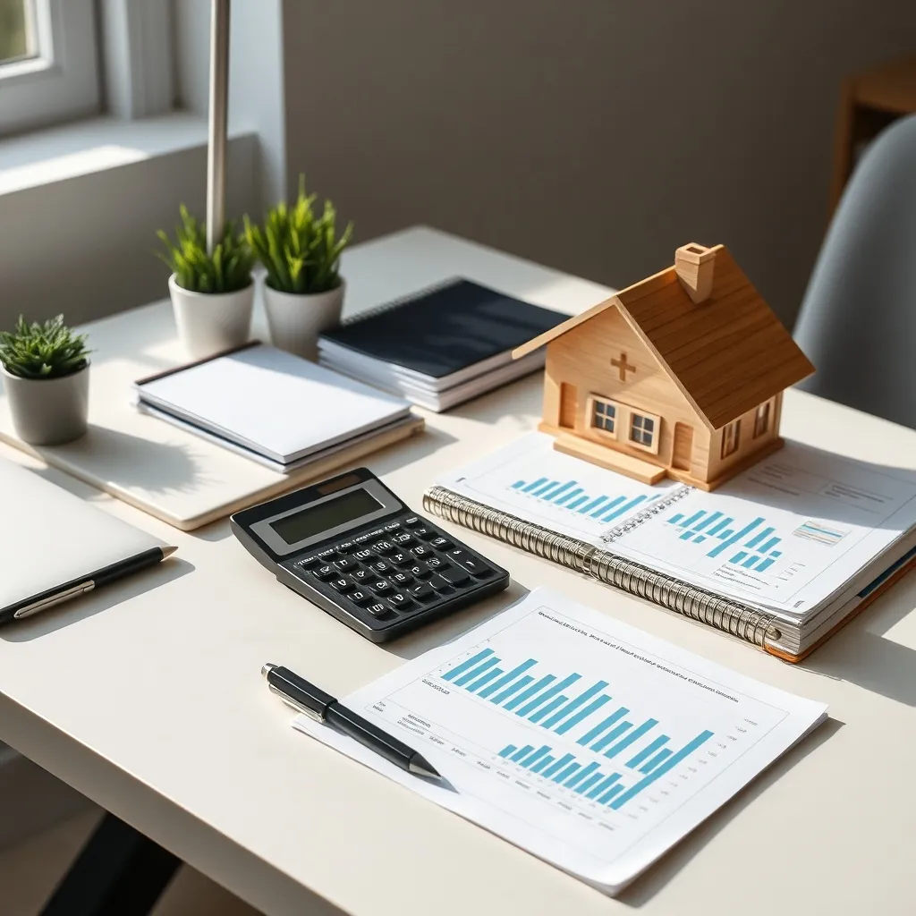 A professional, clean desk with a calculator, a notebook wit