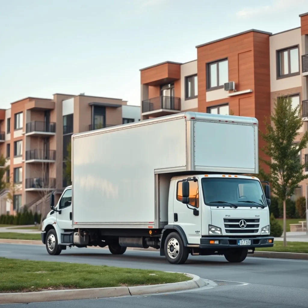 A professional industrial moving truck parked near a modern