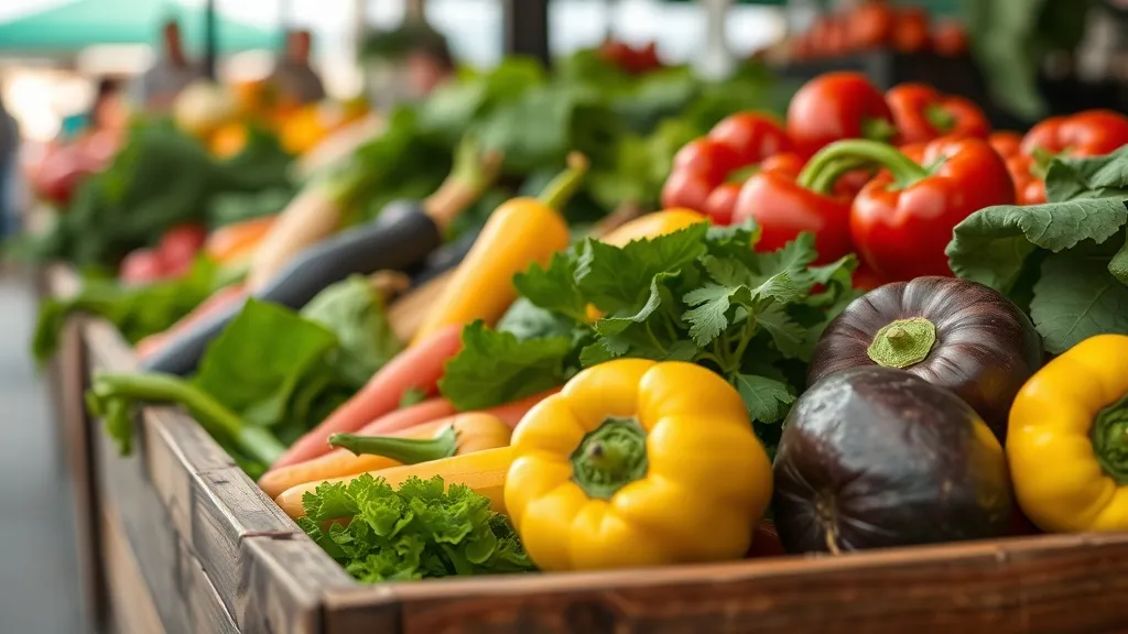 Close up of fresh local vegetables in a wooden crate at an O